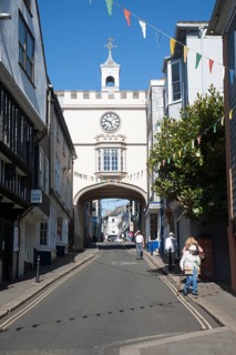 East Gate Tudor arch in the High Street at Totnes, Devon, England, United Kingdom, Europe