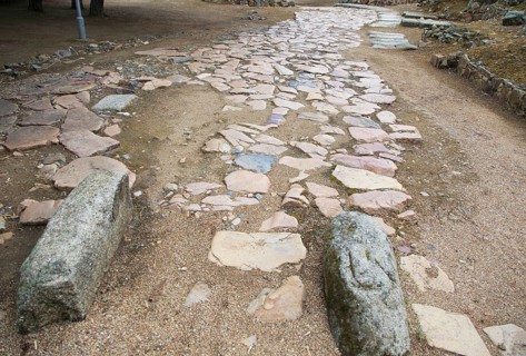 Roman paved road with granite speed bumps, Circa Romano hippodrome, Merida, Extremadura, Spain,