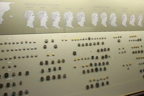 Coin display, Museo Nacional de Arte Romano, national museum of Roman art, Merida, Extremadura,