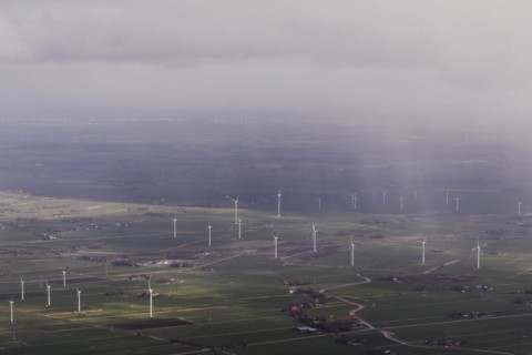 Aerial view of wind turbines, taken near Wischhafen, 25/03/2024