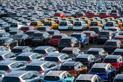 Car terminal in the Logport I inland port, in Duisburg on the Rhine, vehicle handling of new cars,