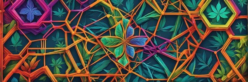 Abstract painting of chemical structure of thc and cbd interlocking geometric shapes, AI generated