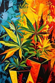 Abstract composition of a cannabis cafe with ambiance bold contrasting colors and playful shapes,