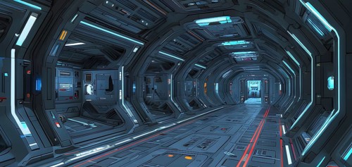 Three dimensional render of futuristic corridor inside a spaceship or space station, AI generated