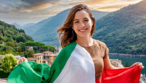 A woman with an Italian flag smiles in front of a picturesque lakeside location, Italy, AI