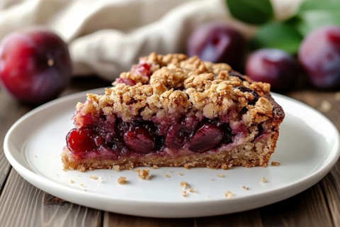 Slice of plum pie with crumbles topping on plate. Generative AI, AI generated