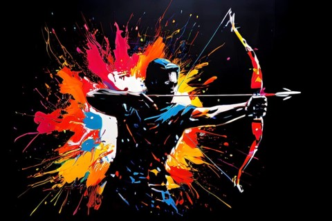 Illustration of a dynamic archer mid action on a vibrant splash paint background, AI generated