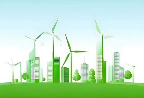 Abstract visual illustration of a city skyline where buildings morph into wind turbines and trees,