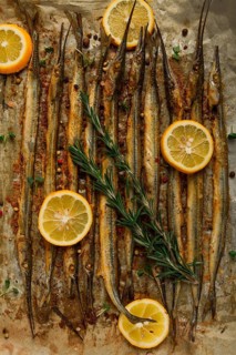 Fried fish, sargan, black sea pike, top view, close-up, no people