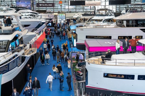 Large yachts, luxury yachts, in Hall 6 of BOOT 2024, the world's largest yacht and water sports