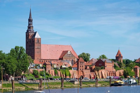 The river Tangier at the harbour of Tangermünde in front of the city wall and the old town and the