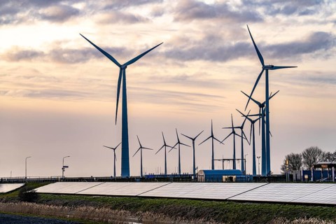 Solar park on the Slaperdijk dyke near the Eemshaven, test project, 17, 000 solar modules were
