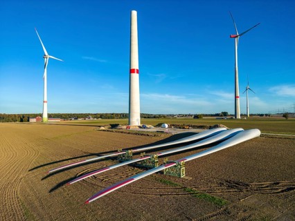 Wind farm near Bad Wünnenberg, construction site, storage area for a new wind turbine, components
