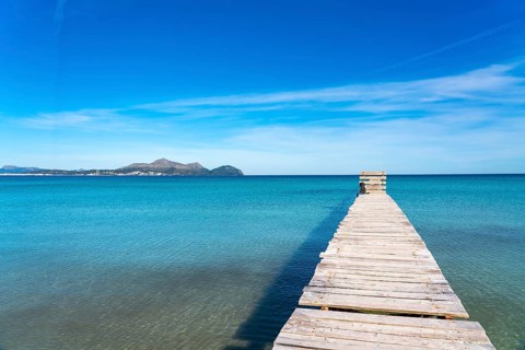 Bay of Alcudia, Platja de Muro, Muro beach, wooden walkway, Majorca, Balearic Islands, Spain,