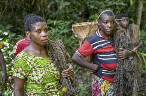 Pygmy woman of the Baka or BaAka people with their hunting nets, Dzanga-Sangha Special Dense Forest