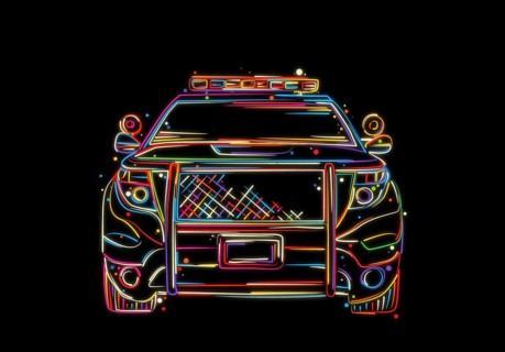Police car, front view. Hand drawn vector illustration in colors