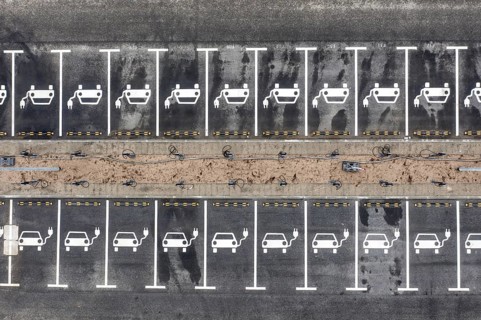 Aerial view of charging stations for electric cars at the Tesla Gigafactory in Grünheide, 28 01