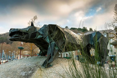 Marvejols. The statue of the Beast of Gévaudan by Emmanuel Auricoste. Lozere. Occitanie. France