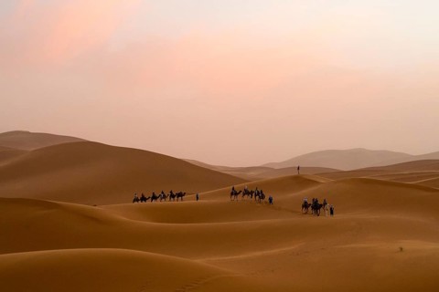 Sunset in the desert, camels and tourists, dunes, Erg Chebbi, Sahara, Merzouga, Morocco, Africa