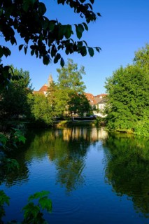 Town lake with St James' parish church, Pfullendorf, Linzgau, Baden-Württemberg, Germany, Europe
