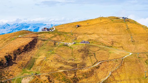 Summit station of the Seceda cable car, Sofie hut, drone shot, Val Gardena, Dolomites, Autonomous