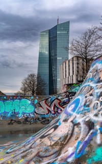 Building of the European Central Bank, ECB, skate park in the rain, at the Osthafen, at the Main in