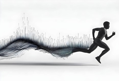 Wave of data points shaping into a runners silhouette, abstract illustration in black and white,