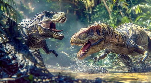 Two dinosaurs are fighting in a jungle. One is a T-Rex and the other is a Triceratops, AI generated