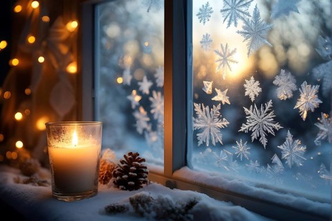 Snow-covered window with frost patterns, candlelight softly glowing through the glass, and warm,