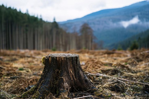 Tree stump empty landscape and forest in background. Deforestation concept. KI generiert,