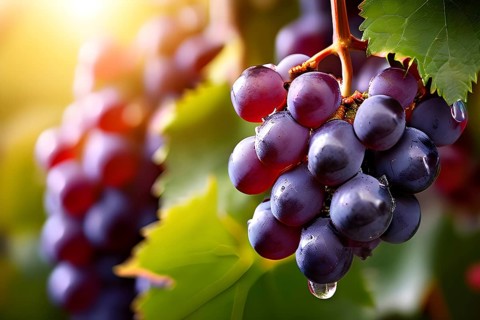 Harvest ready grape bunches with water droplets sparkling in the sunlight, AI generated