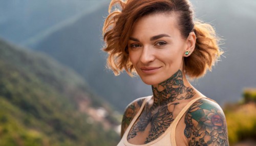 Portrait of a woman with tattoos in a natural mountain setting, radiating serenity and