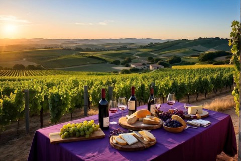 AI generated aerial view capturing a wine tasting table set