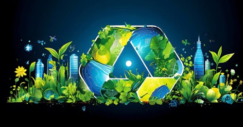 Recycling symbol morphing into growing plants and solar cells to symbolize the transformation of