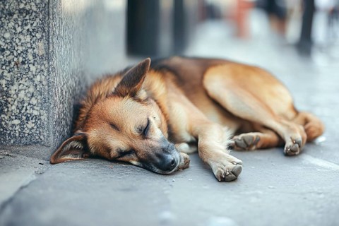 Stray dog sleeping on street. Generative AI, AI generated