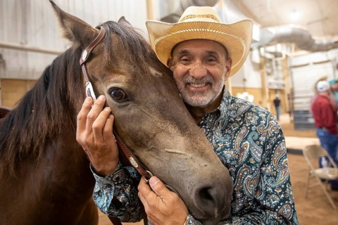 Oklahoma City, Oklahoma, A competitor with his horse at the Great Plains Rodeo, an annual gay rodeo