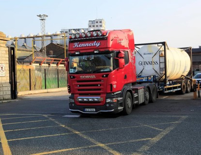 HGV lorry vehicle leaving Guinness Brewery, St. James' Gate, Dublin, Ireland, Europe