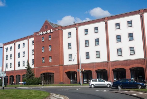 Modern architecture frontage of Novotel hotel in Ipswich, Suffolk, England, UK