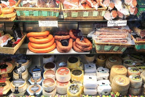 Shop window display local food specialities, Trujillo, Caceres province, Extremadura, Spain, Europe