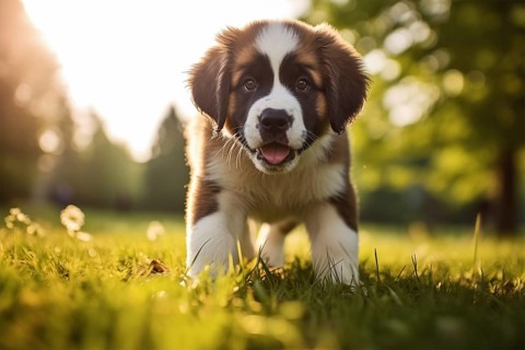 A curious cute Saint Bernard puppy with expressive eyes and floppy ears, exploring the outdoors on