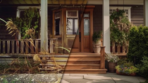 Large house deck and entry before and after cleanup and construction, generative AI, AI generated