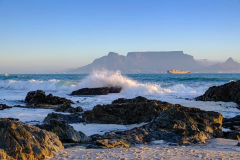 From Bloubergstrand to the silhouette of Cape Town, Cape Town, with Table Mountain, Cape Town,