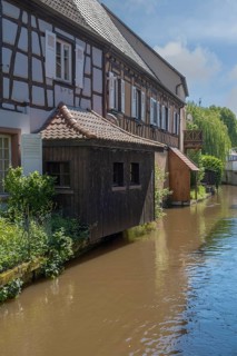 Half-timbered houses on the Canal de la Lauter, Lauter Canal, old town of Wissembourg, Alsace,