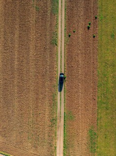 Aerial view of a car on a narrow country lane between green and brown fields on a clear day, car