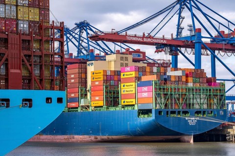 Magleby Maersk container freighter at EUROGATE Container Terminal, Waltershofer Hafen, one of the
