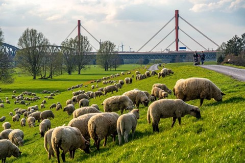 Rhine dyke near Duisburg-Beeckerwerth, flock of sheep, Haus-Knipp railway bridge, Beeckerwerth
