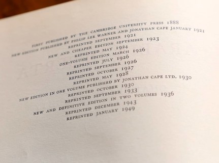 Dates of reprint editions, reprint 1949, publisher Jonathan Cape, London, England, UK