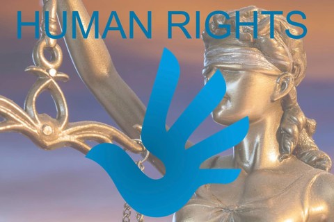 Human rights symbol: Public domain Human Rights logo, the word Human Rights and a Justitia in the