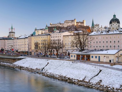 Winter Salzburg in the last light, Old Town, Cathedral, Fortress Hohen Salzburg, Salzach, Salzburg,