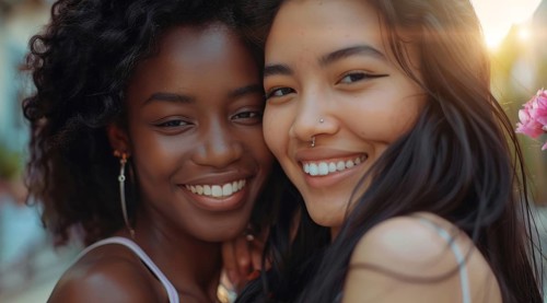 Interracial lesbian LGBTQ couple with long hair and smiling. Concept of inclusivity, AI generated